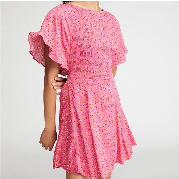 FREE PEOPLE Florence Ditzy Floral Flutter Sleeve Smocked Pink Mini Dress S - Picture 14 of 16